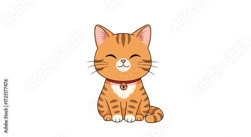 Cute cartoon orange tabby cat sitting happily wearing a collar.