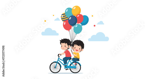 Two happy boys riding a bicycle with balloons.