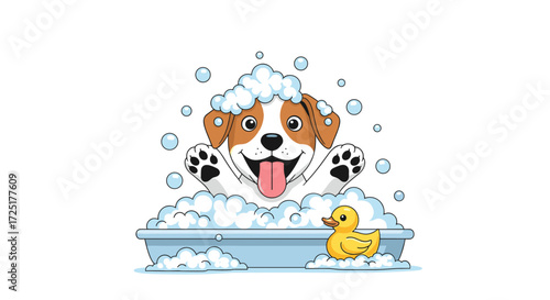 Cute happy puppy dog taking a bath with bubbles and rubber duck.