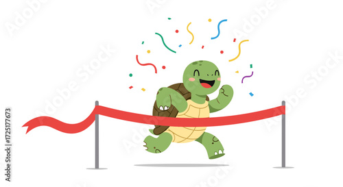 Happy cartoon turtle crossing finish line with confetti.