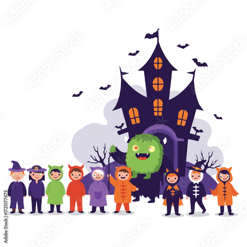 A friendly cartoon monster, a 2D flat vector illustration, welcomes costumed guests, like a cute vampire or furry Frankenstein, to a misty haunted house entrance with glowing eyes.