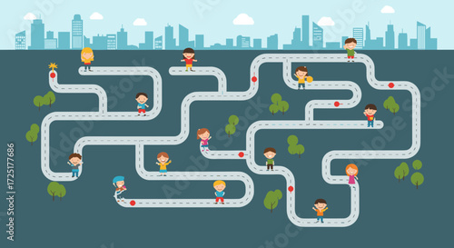 People navigating a complex maze path in a city landscape.