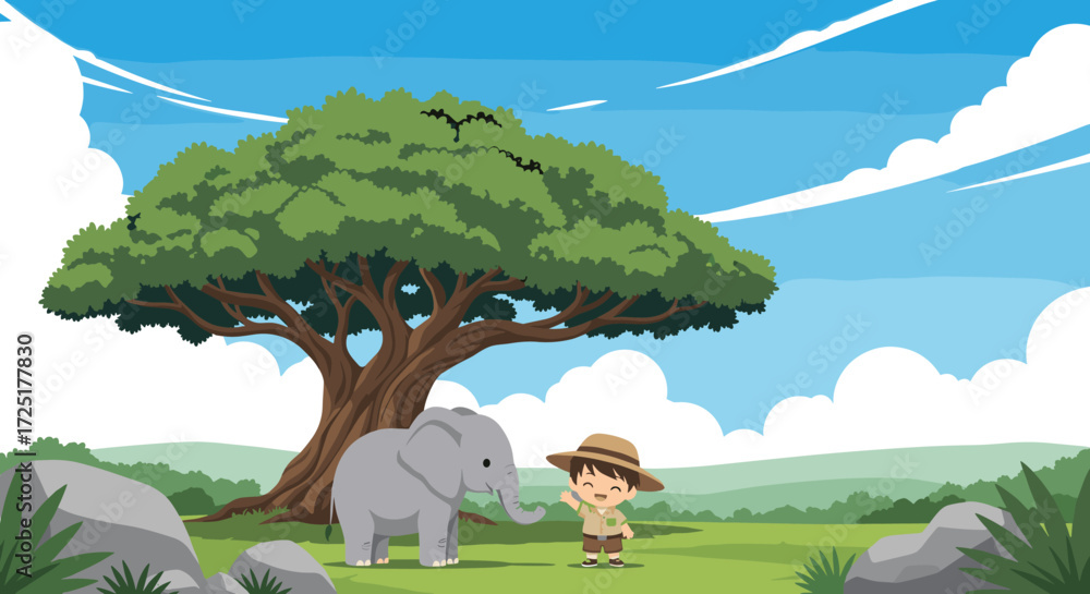 Naklejka premium Cartoon Elephant and Child Under a Large Tree in the African Savannah.
