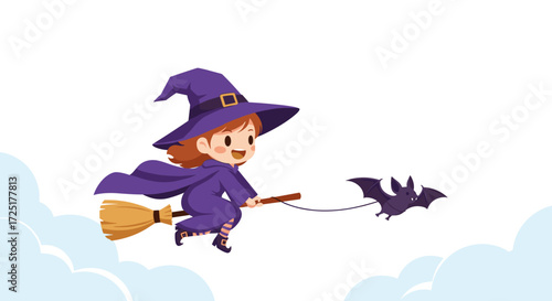 Cute cartoon witch flying on broomstick with bat.
