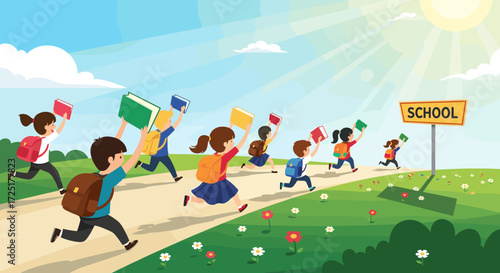 Children happily running towards school with books and backpacks on a sunny day.