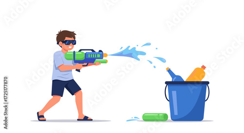 Boy with water gun shooting water into bucket.
