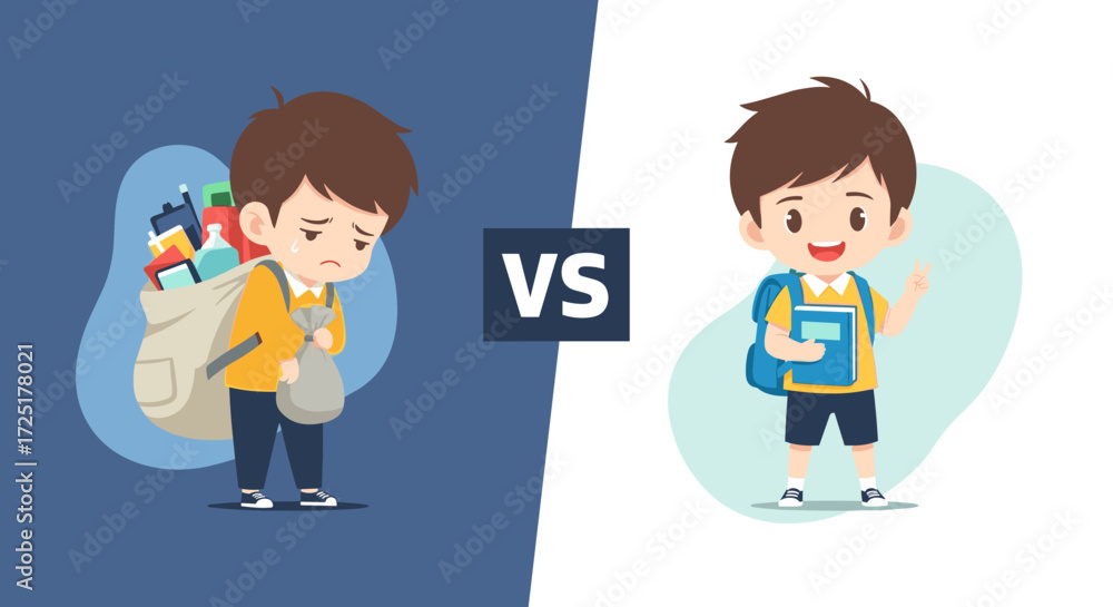 © Luther - Sad Boy With Heavy Backpack Versus Happy Boy With Light Backpack. © Luther - Sad Boy With Heavy Backpack Versus Happy Boy With Light Backpack.