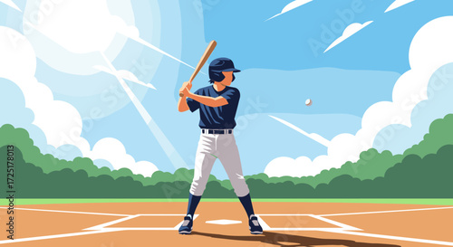 Baseball player at bat on a sunny day with clouds.