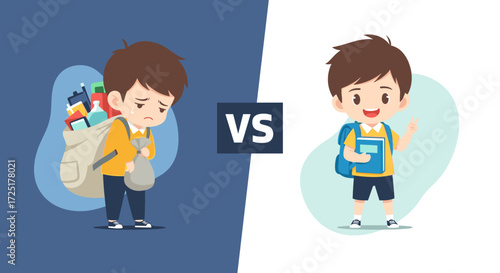 Sad Boy With Heavy Backpack Versus Happy Boy With Light Backpack.