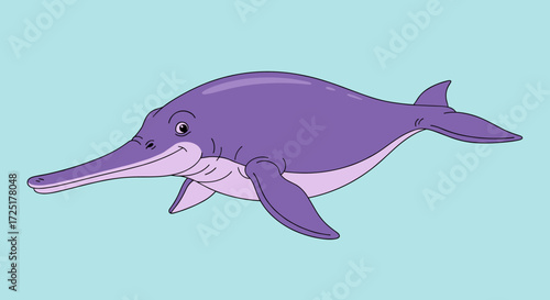 Cute cartoon purple dolphin with long snout swimming.