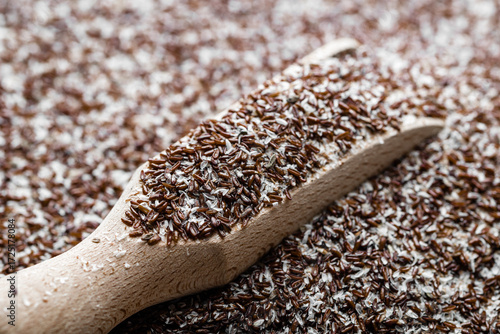 Food background. Fiber of seeds of Psyllium plantain and plantago ovata.