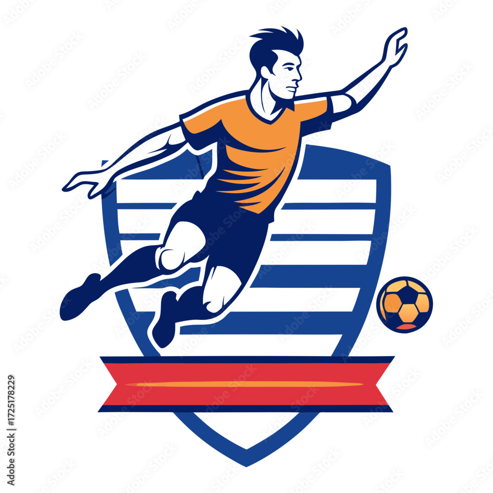 Fototapeta premium Dynamic soccer player silhouette on a shield with ball