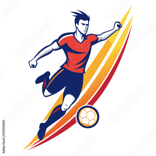Dynamic soccer player kicking ball with energy trails illustration