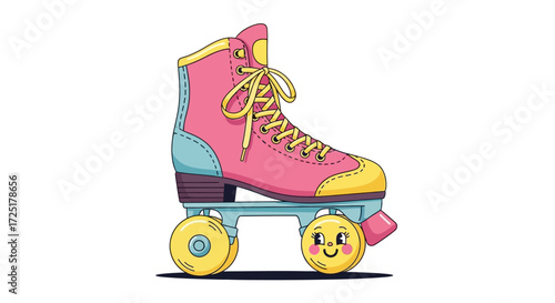 Retro Roller Skate Illustration: Pink, Yellow, and Cute Smiley Face Wheels