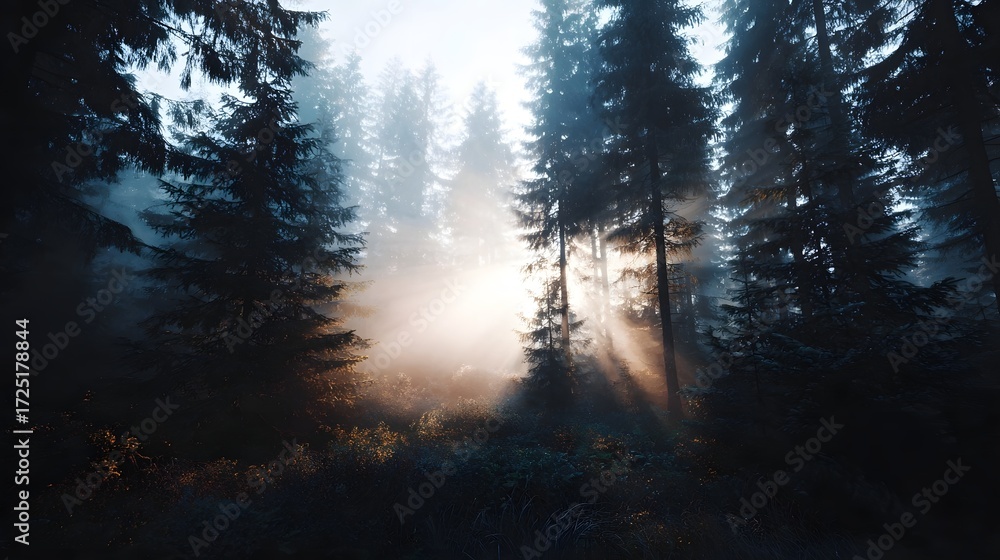 Obraz premium Sunlight beams filtering through a misty forest canopy creating a serene and atmospheric natural landscape