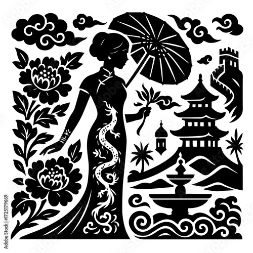 Chinese Lady with Parasol, Dragon and Pagoda — Classical Garden Waves, Oriental Woodcut (B/W Vector)