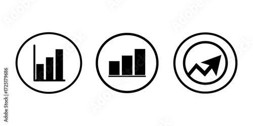 Three circular icons displaying bar graphs and an upward trending line graph, symbolizing growth and data analysis.