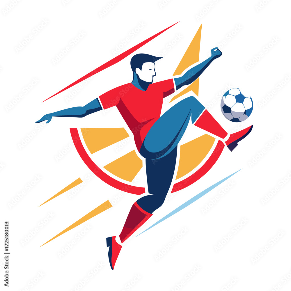 Fototapeta premium Dynamic flat vector soccer player kicks the ball high