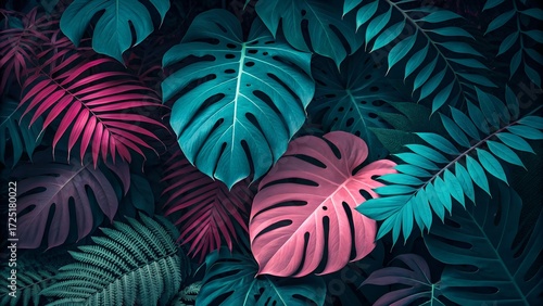 Tropical Foliage with Monstera and Fern Leaves in Vibrant Colors and Dark Background