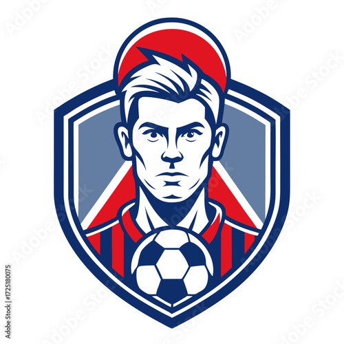 soccer player emblem, red and blue colors clip art preview