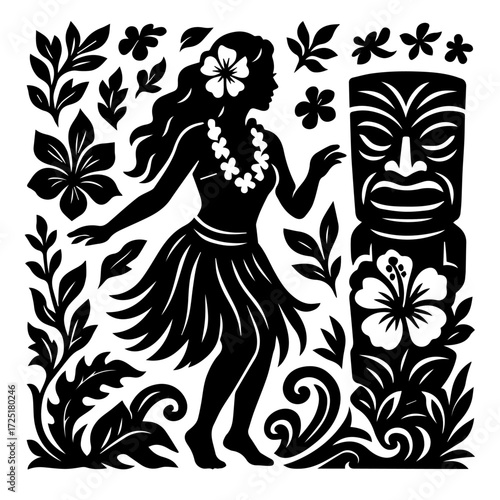 Hula Dancer with Tiki Mask & Hibiscus — Hawaii Island Culture Woodcut (Black & White Vector)