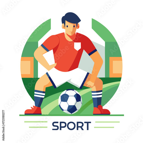 Soccer player with ball against field in flat design