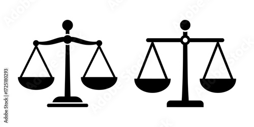 Two black and white illustrations of scales, representing concepts of balance and justice.