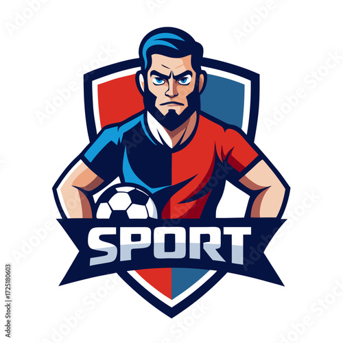 Strong soccer player holding ball in sport logo design
