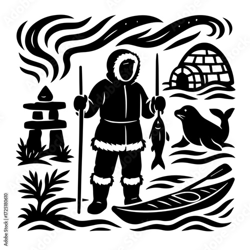 Inuit Arctic Explorer with Igloo, Kayak & Northern Lights — Polar Heritage Woodcut (Monochrome Vector)