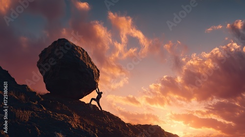 Silhouette of man pushing giant boulder uphill against dramatic sunset sky, symbol of perseverance, struggle and determination