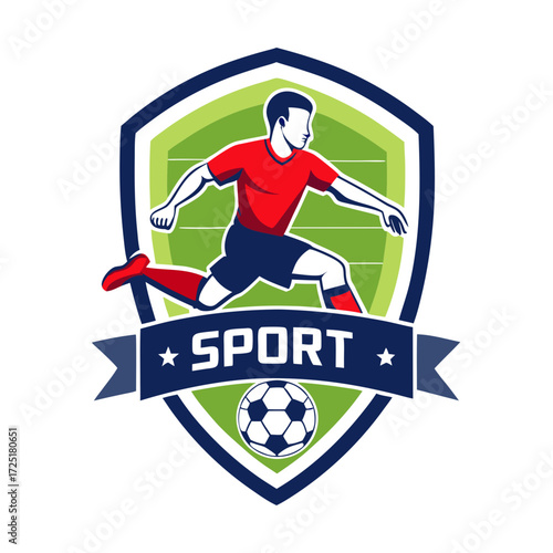 Dynamic soccer player kicking ball on field logo template