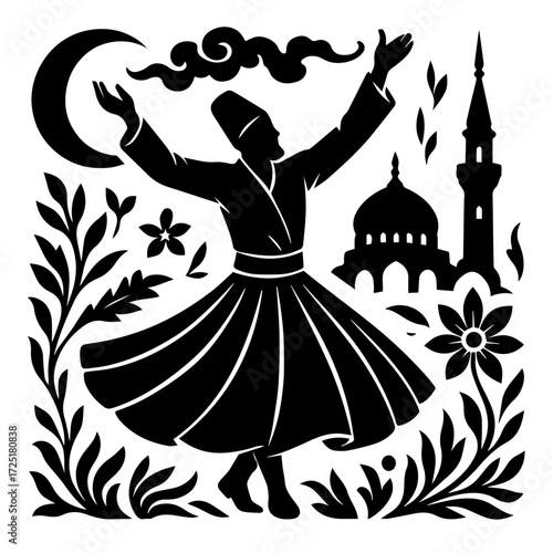 Whirling Dervish Sufi Dance with Mosques — Spiritual Turkish Heritage Woodcut (B/W Vector)
