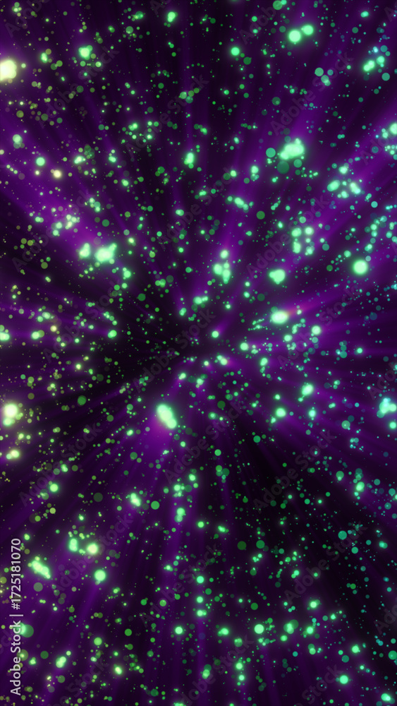 Fototapeta premium Abstract glowing green particles on a purple background, futuristic energy and cosmic digital atmosphere