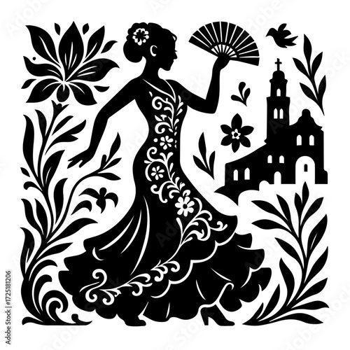Flamenco Dancer with Fan and Spanish Town — Andalusian Culture Woodcut (Black & White Vector)