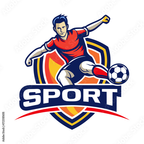 Dynamic soccer player kicking ball with sport logo backdrop