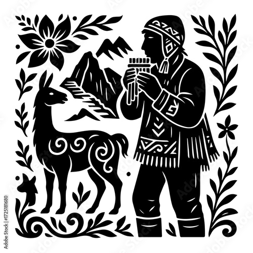 Andean Musician Playing Pan Flute with Llama — Mountains & Folk Heritage Woodcut (Black & White Vector)