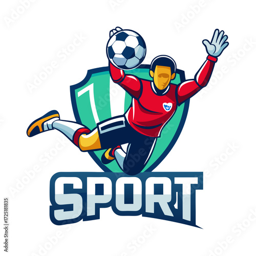 Cartoon soccer goalkeeper diving to catch ball with shield