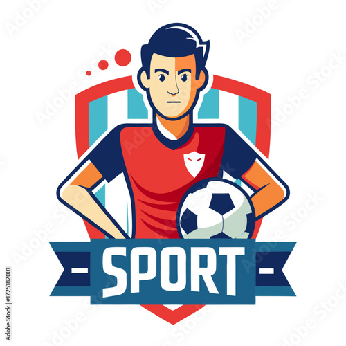 Cartoon style soccer player with a soccer ball emblem