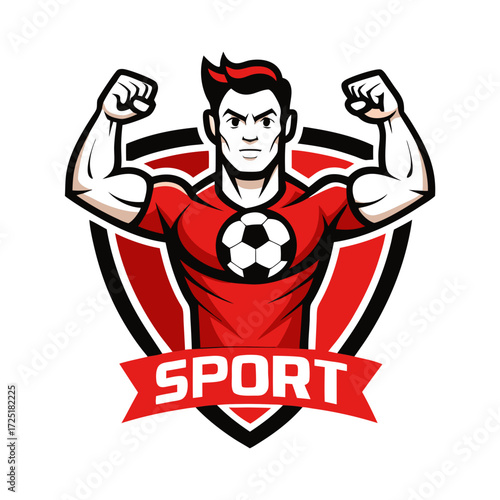 Cartoon style soccer player mascot flexing strong muscles