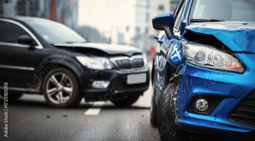 Two cars with damage from a traffic accident.