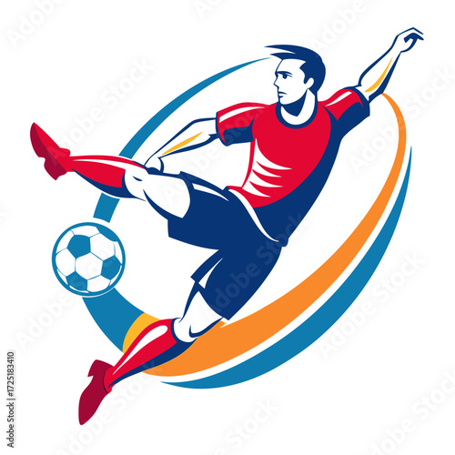 Dynamic soccer player kicking ball in stylized graphic illustration