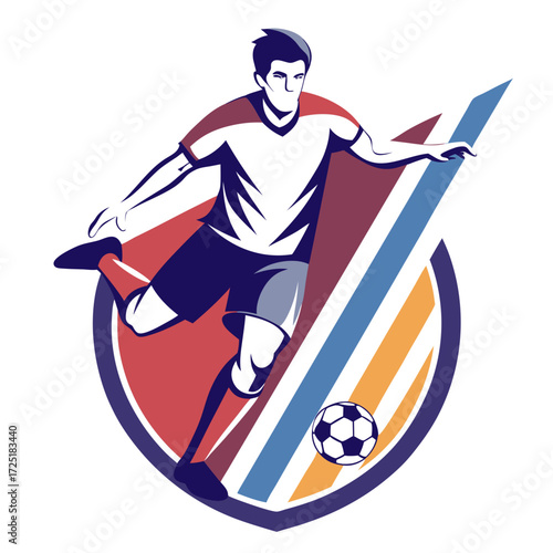 Soccer player kicking ball on abstract shield background