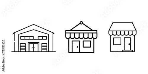 Line art illustration featuring three different building types, a warehouse, and two shops.