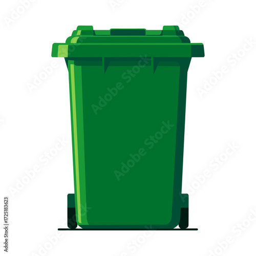 Plain dark green trash can with lid, isolated on white background.