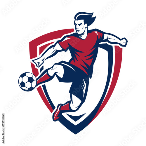 Dynamic soccer player kicking ball with shield graphic element