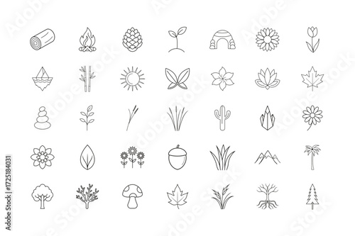 Collection of nature themed line art icons including plants flowers trees and other natural elements present on transparent background