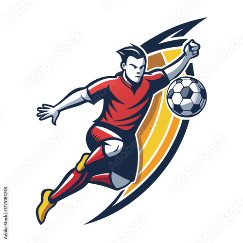 Dynamic Soccer Player Mascot Logo Featuring Ball and Stripes