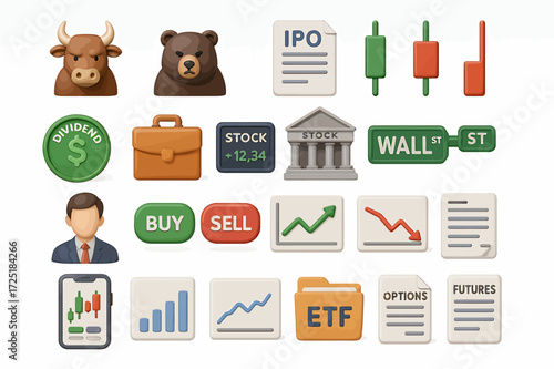 Stock Market Icons Bull, Bear, and Investment Assets for Finance Designs