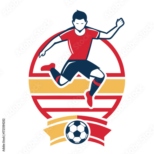 Dynamic soccer player kicking with energy inside badge design