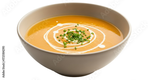 Isolated bowl of butternut squash soup with cream swirl and chives, ready to eat